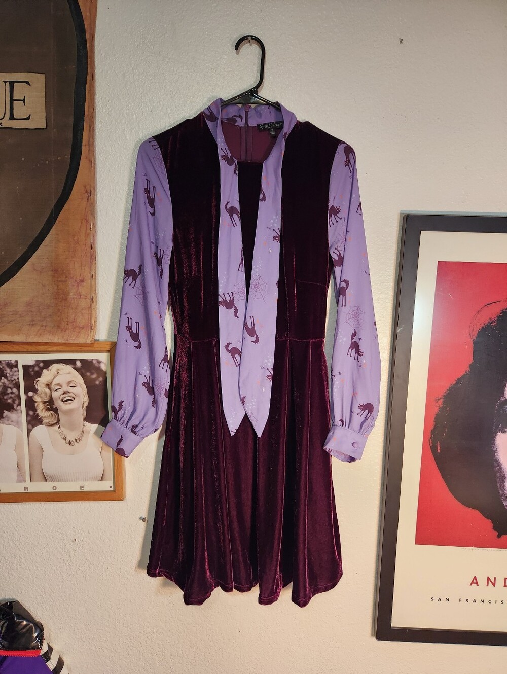 Cat Plum Velvet Dress with Lavender Printed Blouse